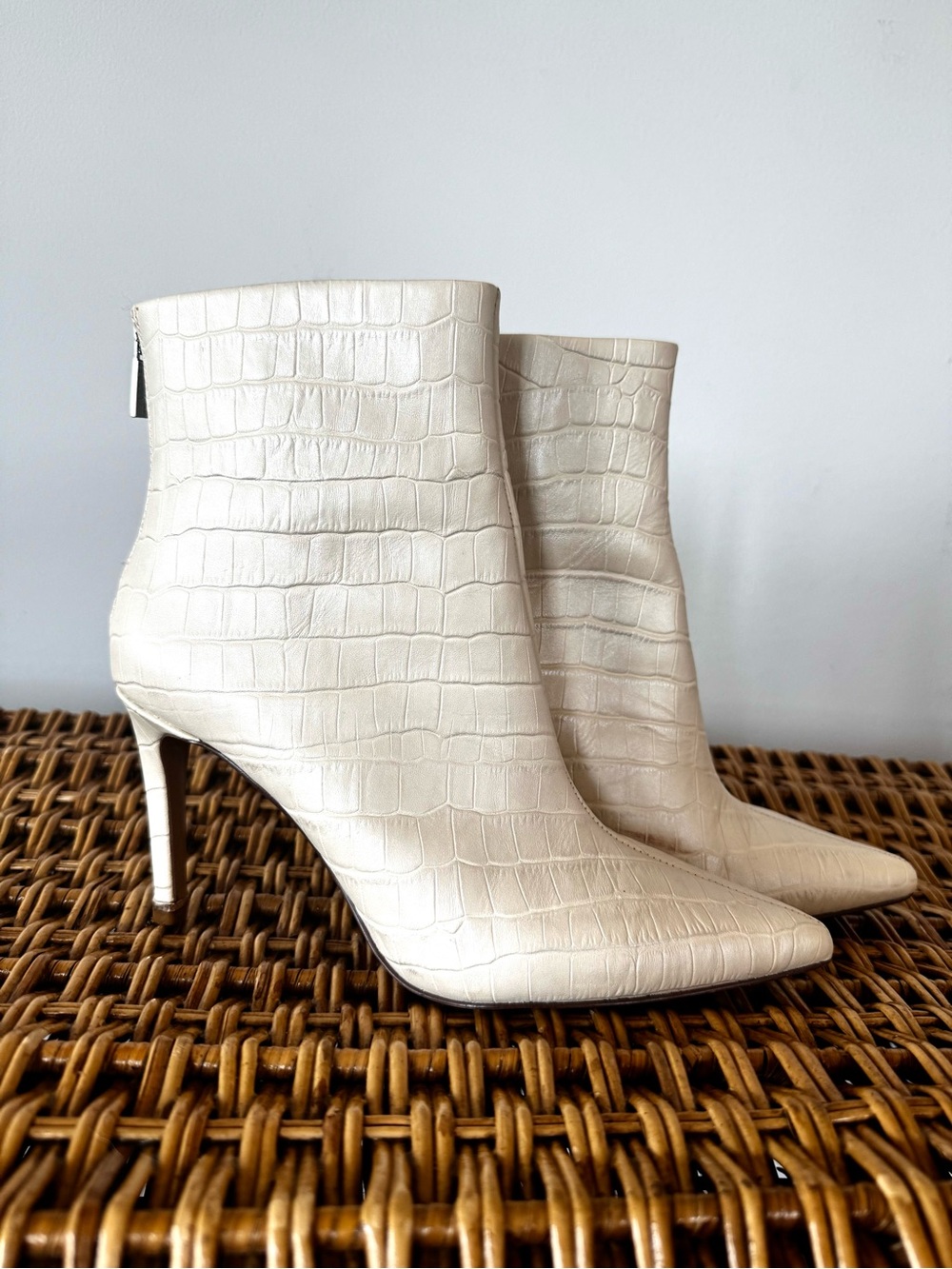 Kenneth Cole Ivory Croc-Embossed Pointed Toe Ankle Boots